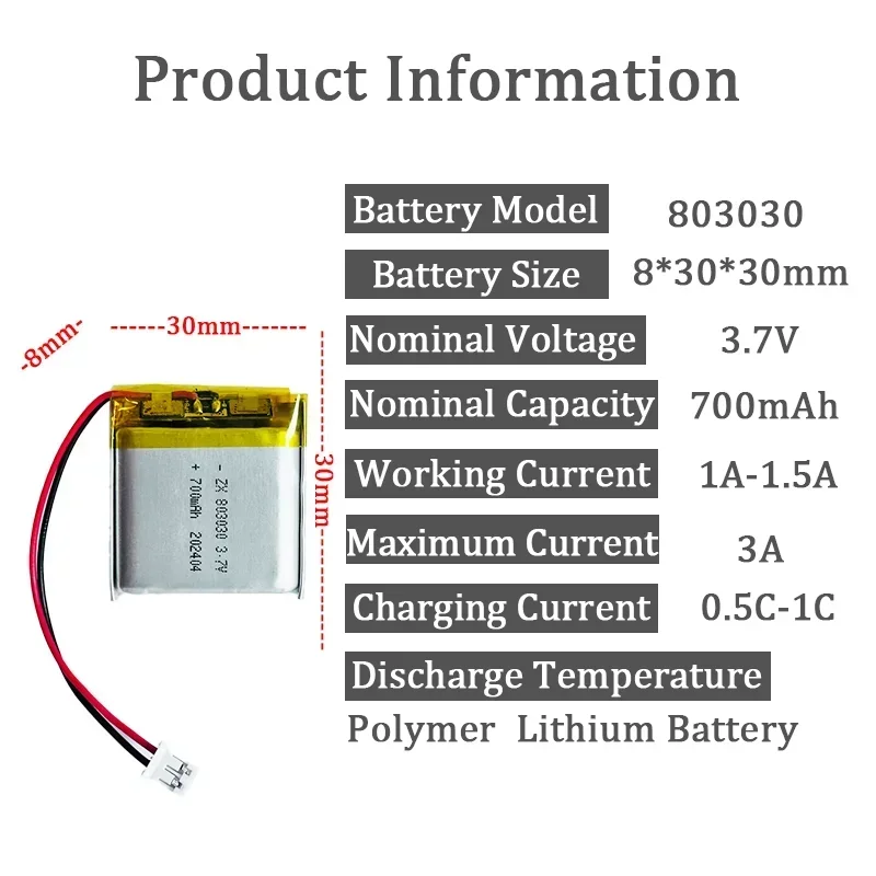 3.7V Li Batteries 700mah 803030 Universal Li-ion Battery for Fheadphones JBL E45 GBL Bicycle Light