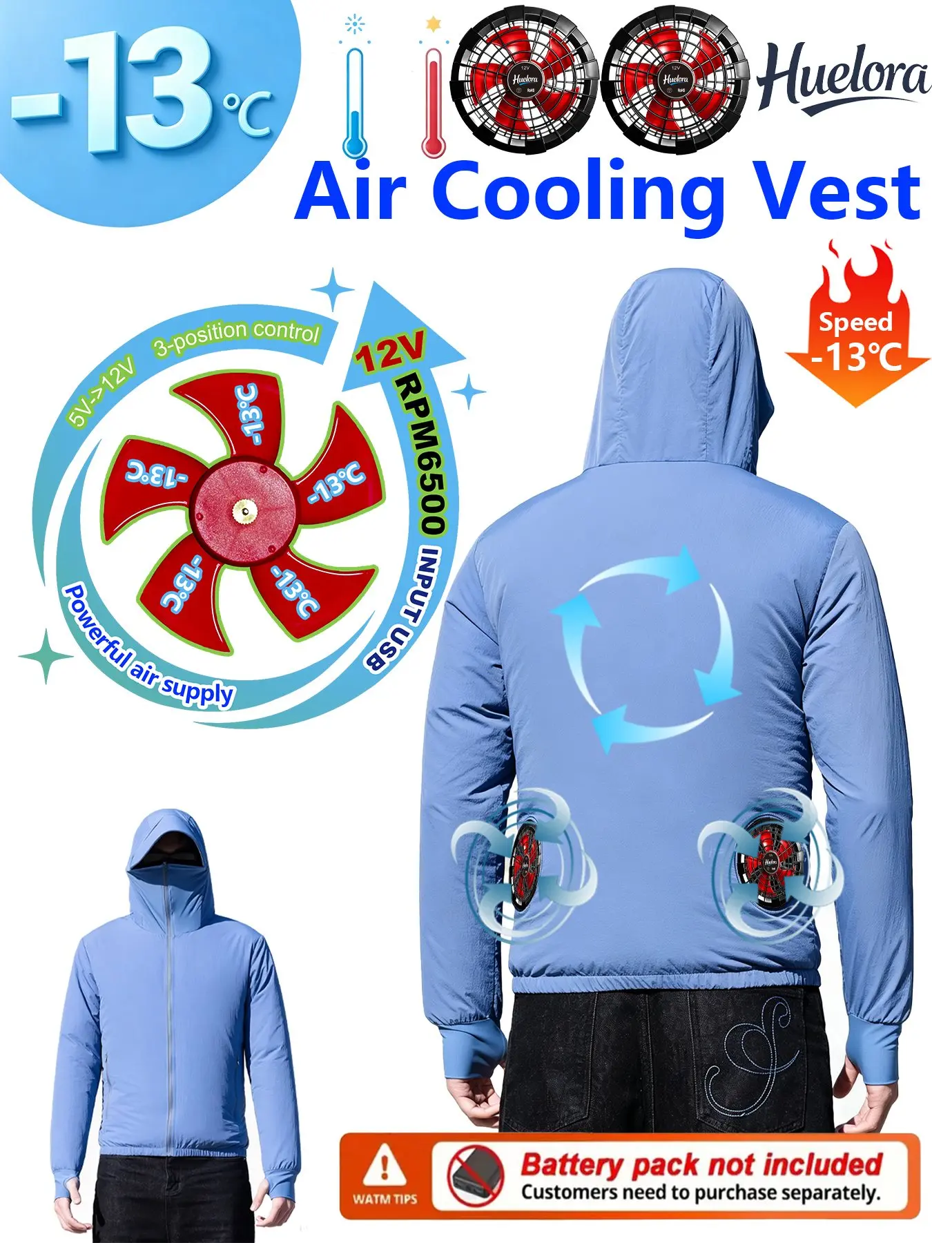 12V 3-Speed Hooded Air Cooling Jacket for Men, 2 Powerful Built-in Fans,Suitable for High Temp Outdoor Work Fishing Daily Wear