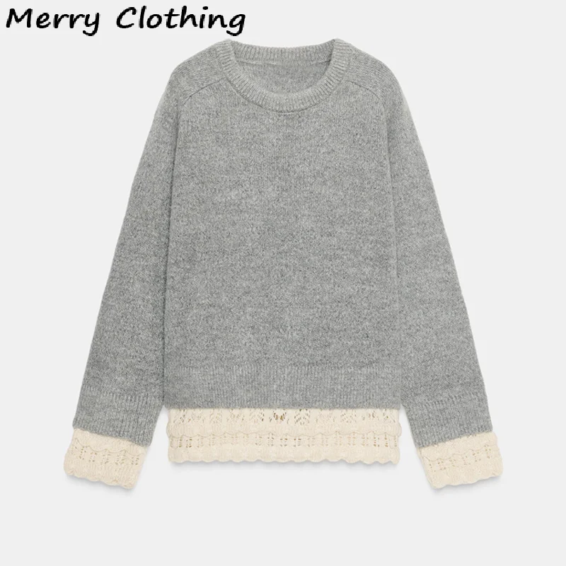 

Basic Round Neck Sweater for Women Patchwork Lace Hem Long Sleeve Knitted Pullovers Casual Versatile Tops 2025 New Lady Sweaters