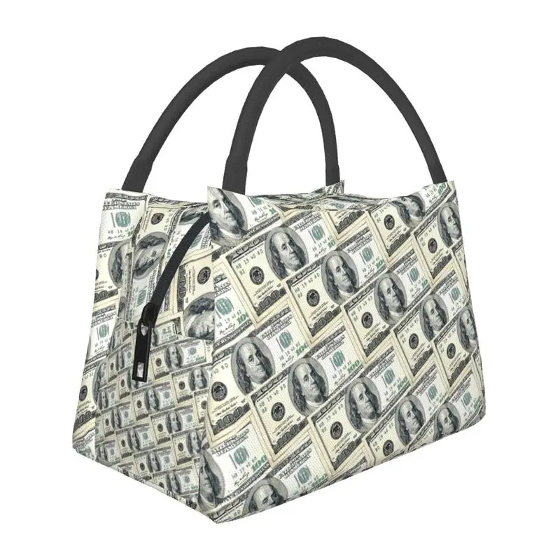 

100 Dollar US Money Art Insulated Lunch Tote Bag for Women Banknotes Cash Stacks Resuable Cooler Thermal Bento Box Work Travel