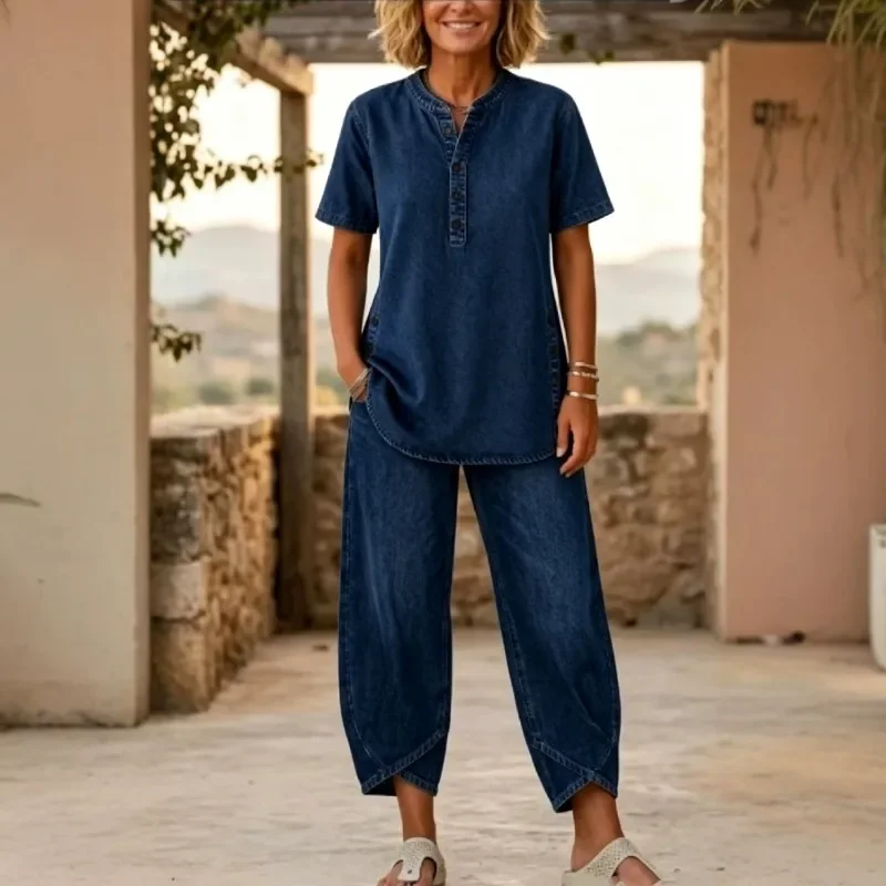 

Retro Women Casual Loose 2 Piece Outfit Set Short Sleeve Henley Neck Tunic Top Irregular Harem Pants Denim Matching Sets 2026