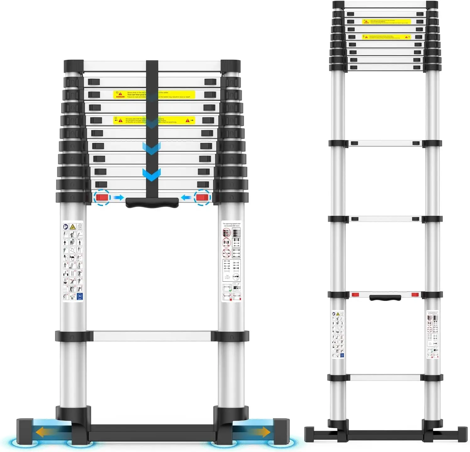 15.5FT Telescoping Ladder, Collapsible with Bottom Stabilizers, Slow Descent, and One-Key Retraction