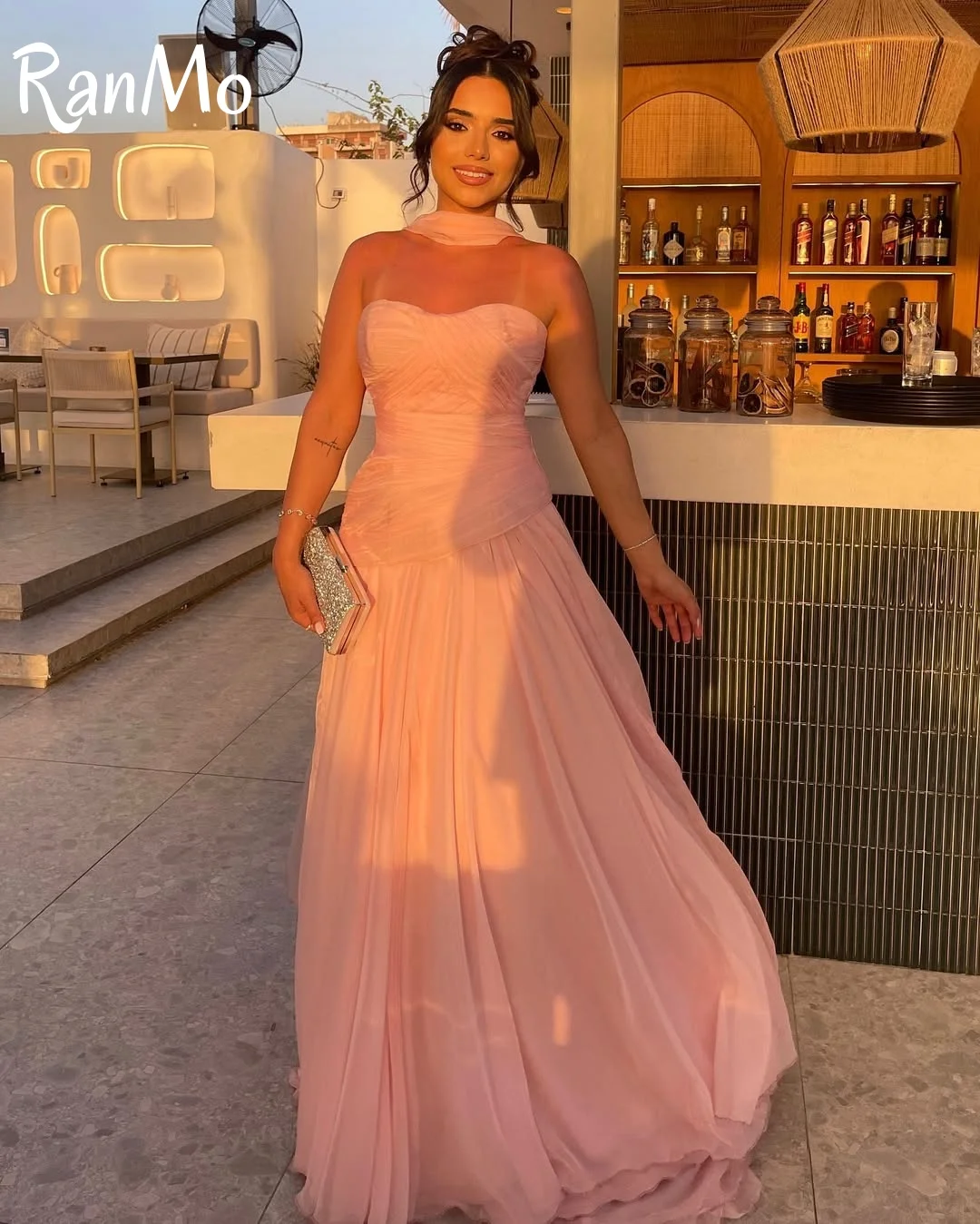 Ranmo Ruched Floor Length Evening Dresses Beach Long A Line Prom Gowns Chiffon Sleeveless Casual Robes Bal De Promo Customized