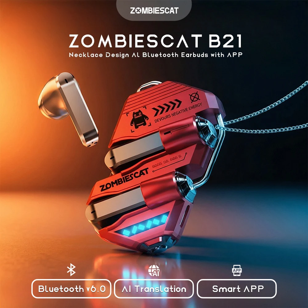 

Беспроводные наушники Zombies Cat B21 из алюминиевого сплава с Bluetooth 6.0, функцией AI-перевода в реальном времени, полувнутриканальные TWS с умным приложением