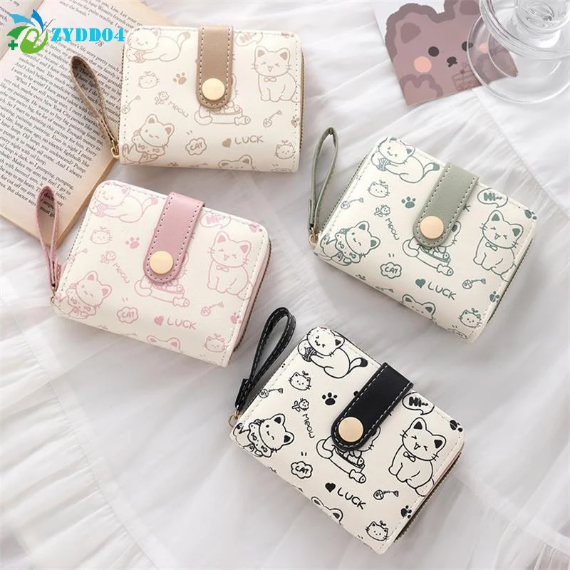 ●1Pcs Women Short Wallet PU Leather Cute Cat Coin Purse Folding Zipper Wallet ID Card Holder Travel Lightweight Cash Coin Bags