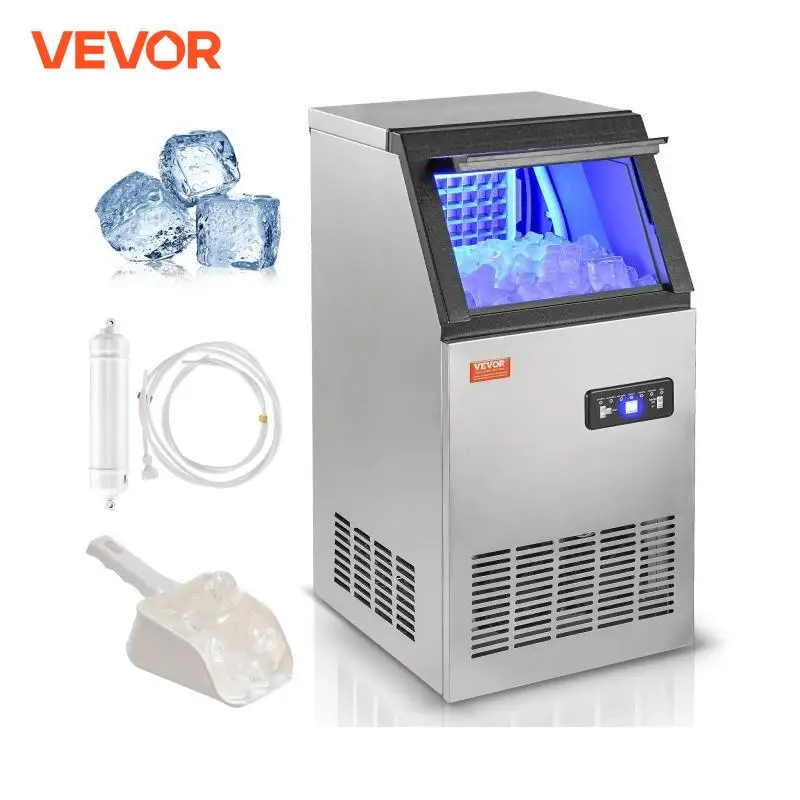 VEVOR Commercial 80lbs/24 Ice Maker Freestanding Cabinet with 27.5lbs Storage Capacity LED Digital Display for Bar Restaurant