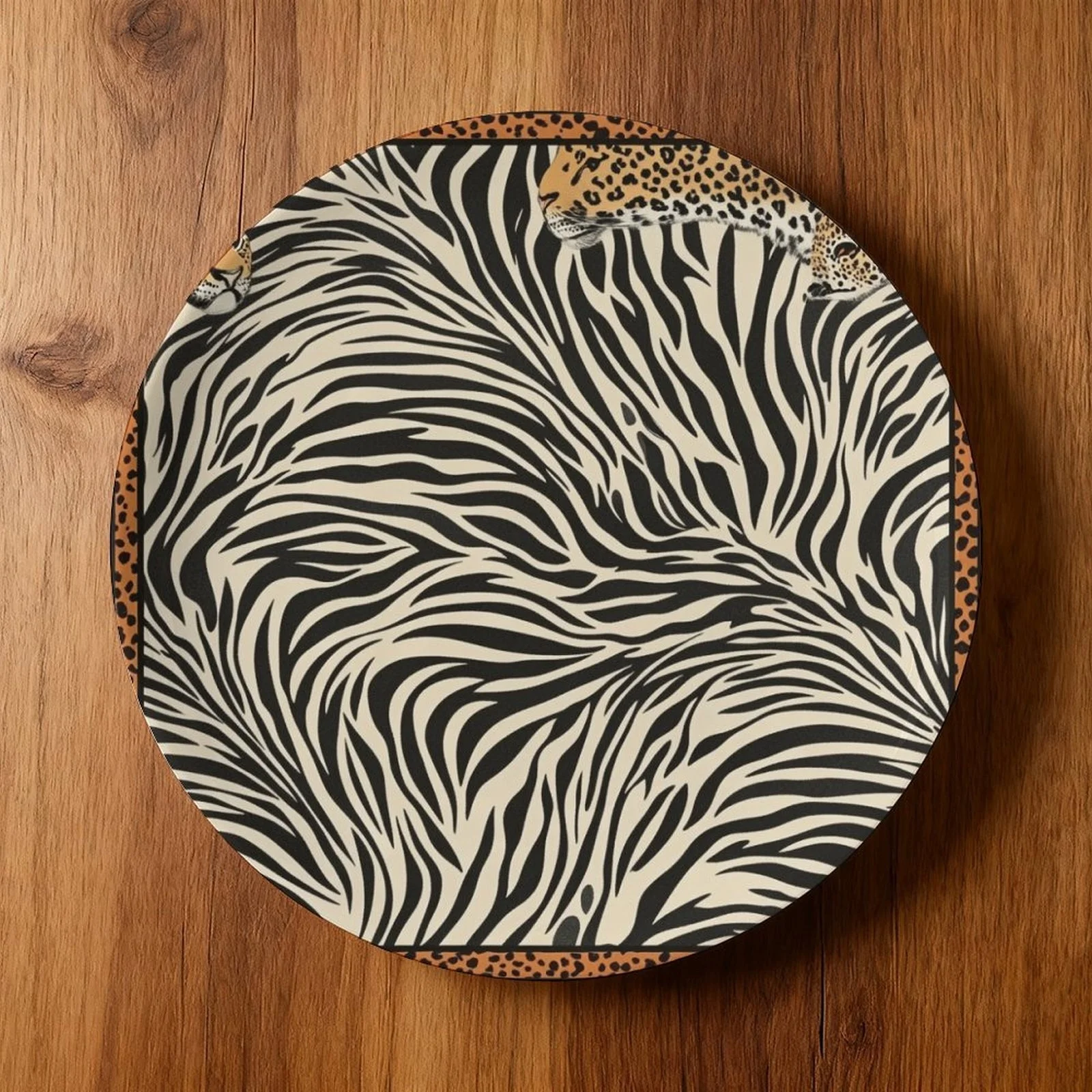 1pc Zebra & Leopard Print Round Decorative Plate - Print Table & Wall Art, Zebrawood & Leopard for, Holiday, Wedding, Dining