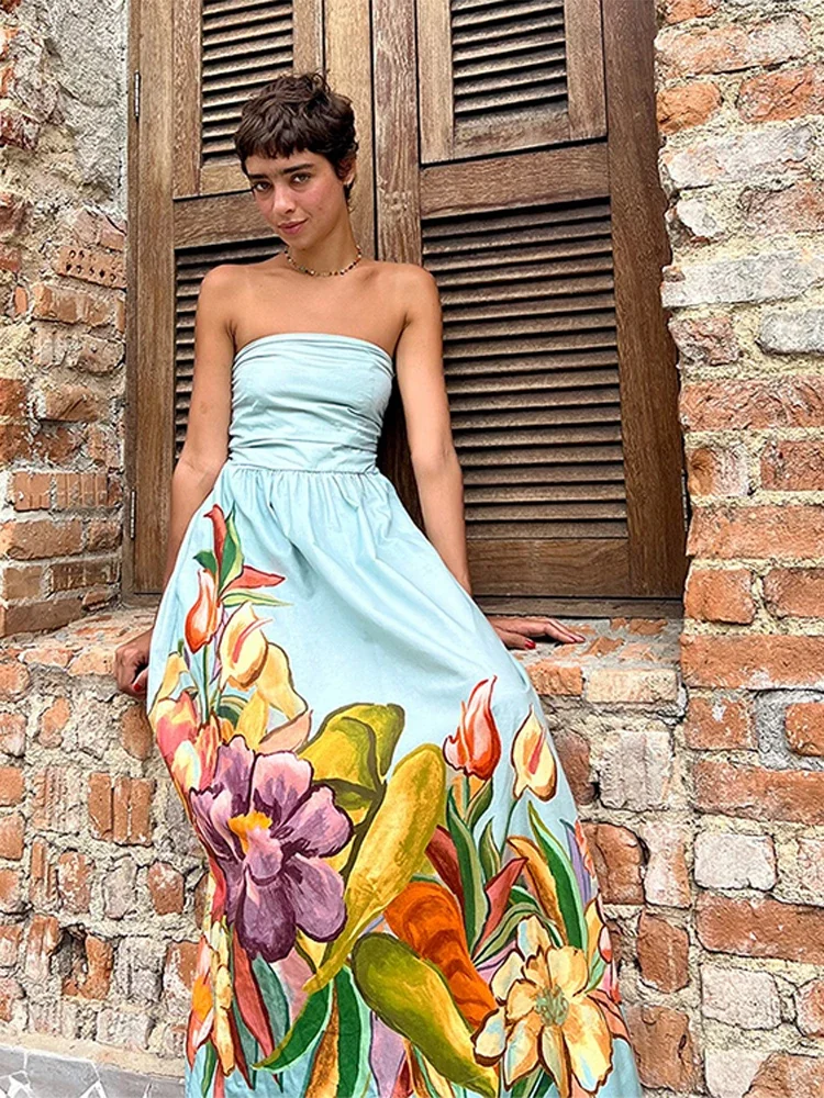 Sukienka damska bez ramiączek, drukowana, plisowana, puszysta, z szerokim dołem, podkreślona w talii, wyszczuplająca, długa sukienka plażowa, jedwabna satyna, szaty.