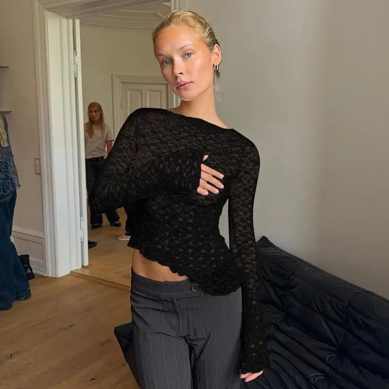 レディース レース 斜め裾 ロング スリムフィット イルトトップ セクシー スレ ポリエステル スパンデックス混紡 ロングスリーブ カラー Tシャツ