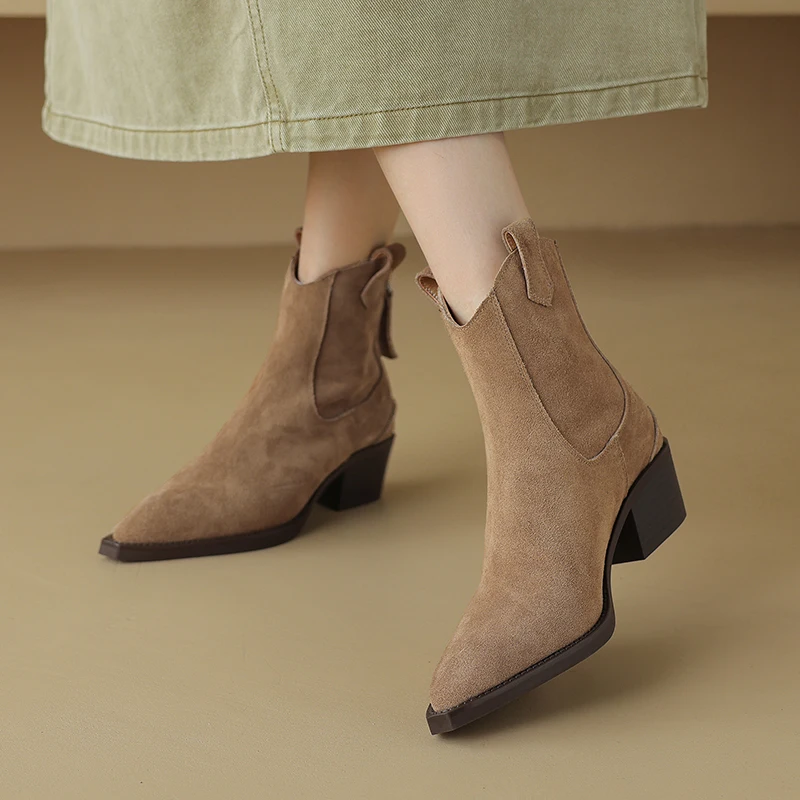 

2026 New Natural Suede Women Western Ankle Boots Brown Khaki Black Mid Block Heels Back Zipper Pointed Toe Autumn Winter Boots