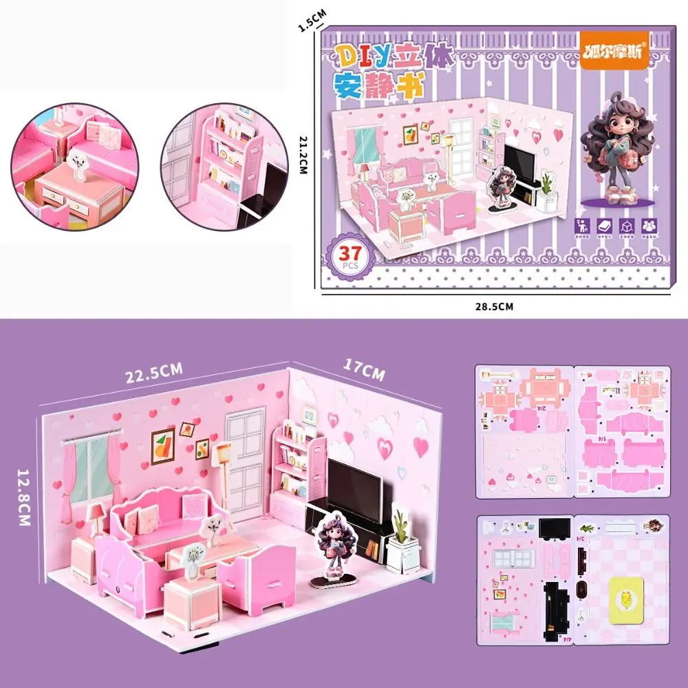 

Bedroom DIY Puzzle Dollhouse Room Kitchen Living Room Pretend Play Paper Doll House Cartoon Cardboard 3D Paper Puzzle Room