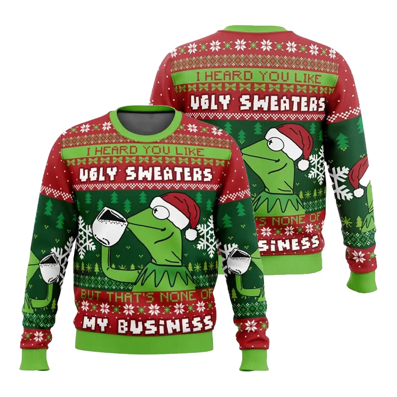 جديد المرأة الشتاء كيرميت الضفدع القبيح عيد الميلاد مطبوعة الجولة الرقبة البلوز موضة الشارع ارتداء المتضخم هوديي Y2k الملابس #1