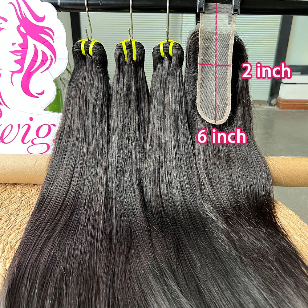 

Натуральные прямые волосы 100% из необработанных вьетнамских человеческих волос премиум-класса в пучках с прозрачной кружевной застежкой 2x6, натуральный черный цвет