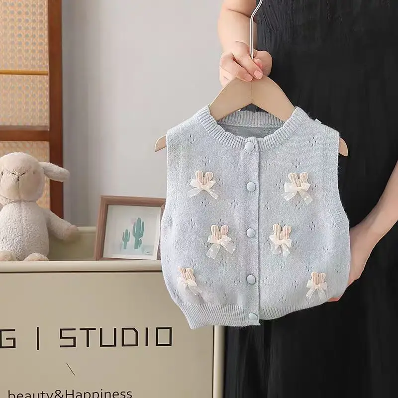 

Children's sweater vest with hollowed-out knitted waistcoat, Autumn / winter 2 - 6 Years girls cute little bow cardigan shoulder