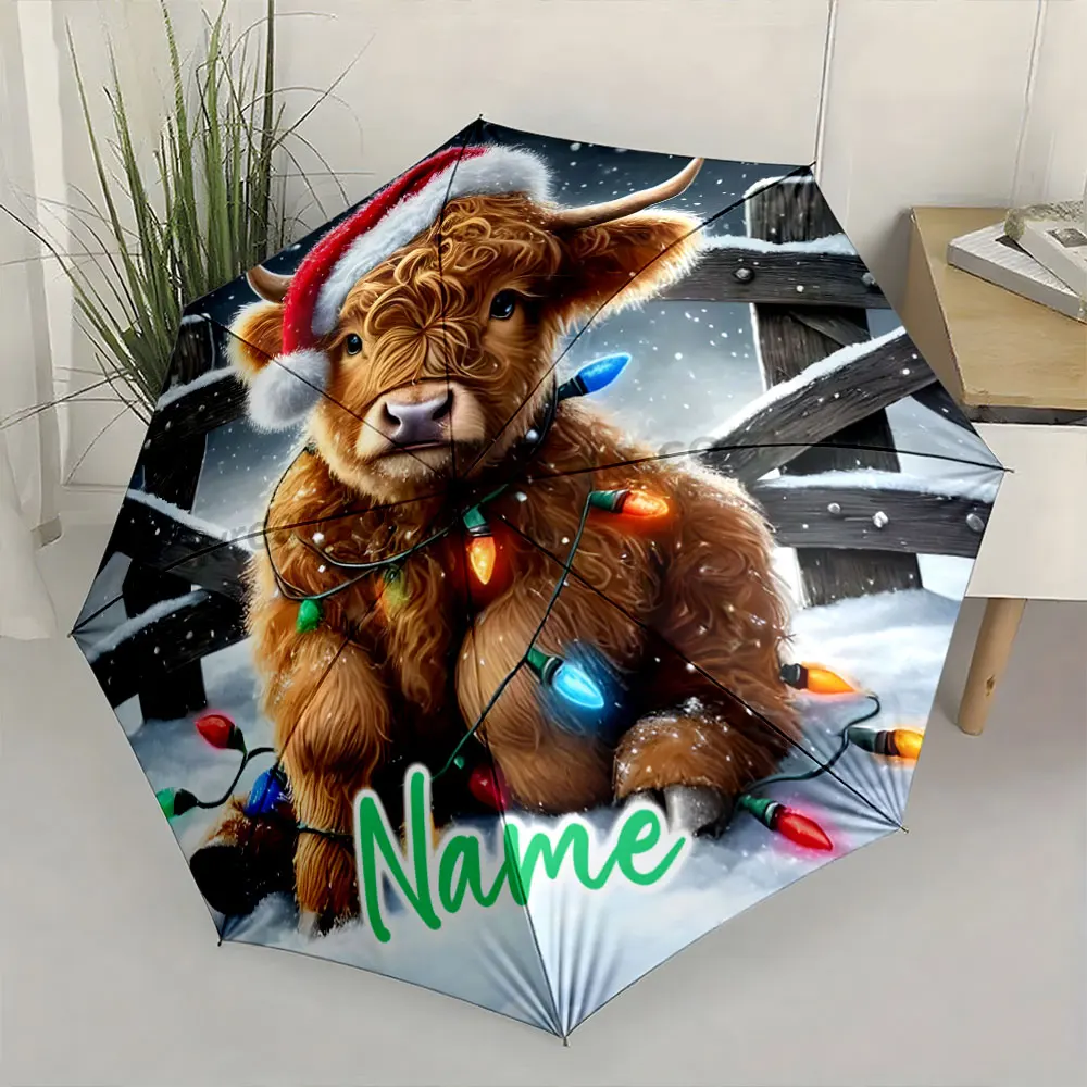 Custom Name Festive Umbrella Featuring a Cute Holiday-Themed Cow Design 8 Iron Ribs Folding Umbrella Auto-Open Fashion Sunshade