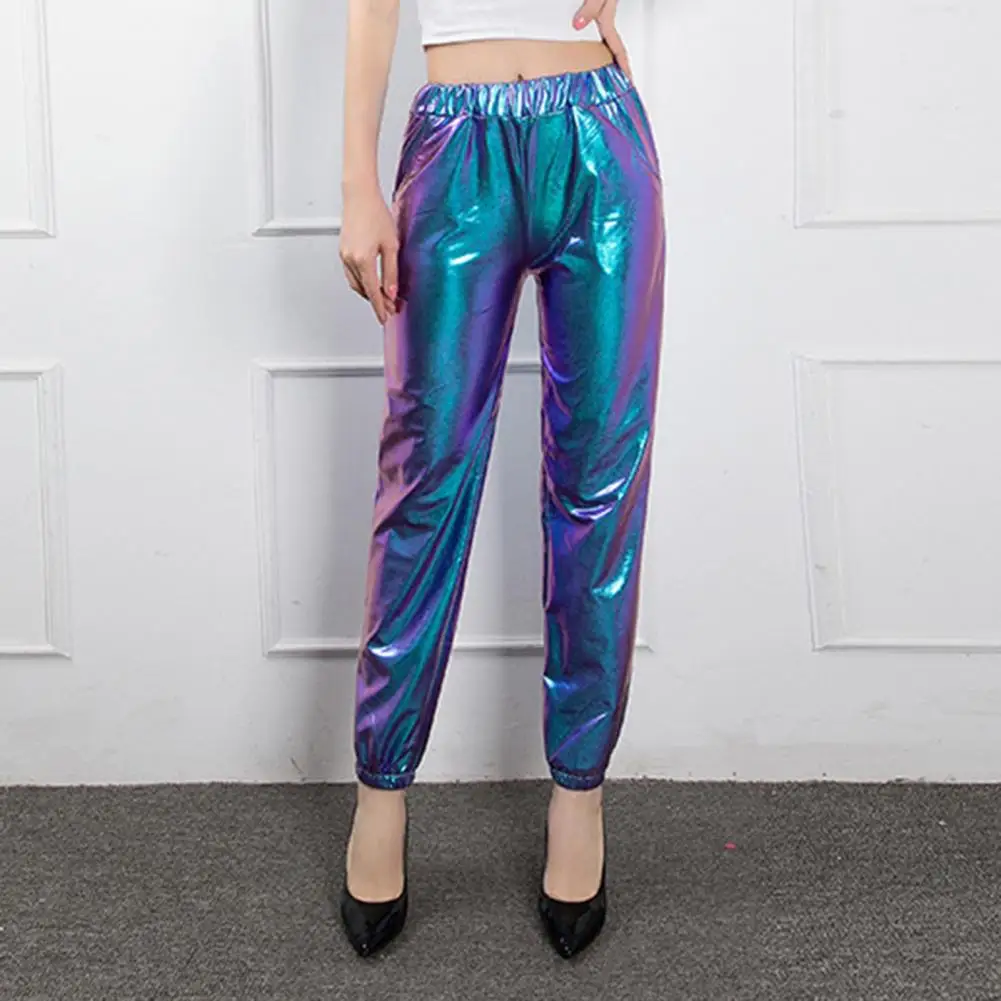 

Глянцевые женские брюки-шаровары с высокой талией, эластичным поясом, утягивающими штанинами, ярких расцветок, для клуба, в стиле хип-хоп, уличная одежда, 80%