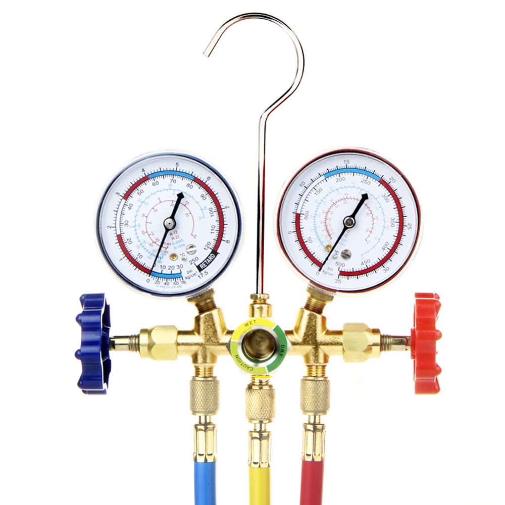 Freon For R12 R22 R404A R134a Air Conditioning Pressure Gauge with Hose and Hook 3 Way AC Diagnostic Manifold Gauge Set