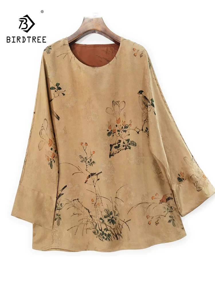 

BirdTree, 32MM Silk Watered Gauze T-Shirt, Women Long Sleeve O Neck Printed, Vintage Commute Tops, 2024 Summer Autumn T465113QC