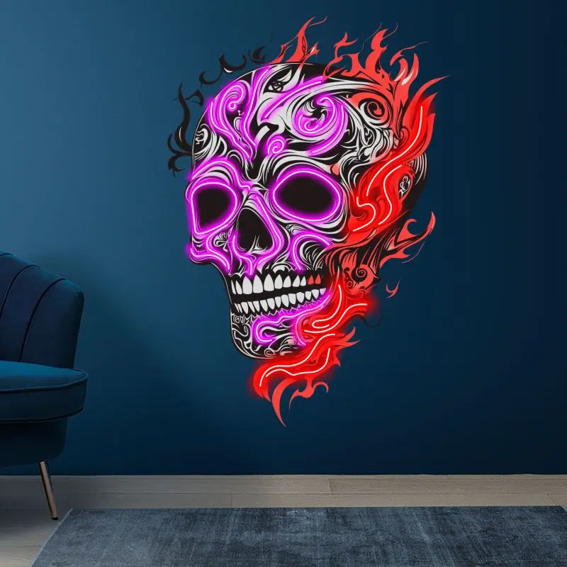 Skull With Weird Fire Neon Sign, Creative Wall Hanging Neon Light, Whimsical Halloween Decor