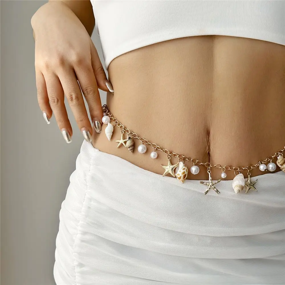 Boho Imitation Pearl Sea Star Shell Waist Chain for Women Summer Beach Sexy Simple Body Chain Vacation Jewelry Accessories Gift