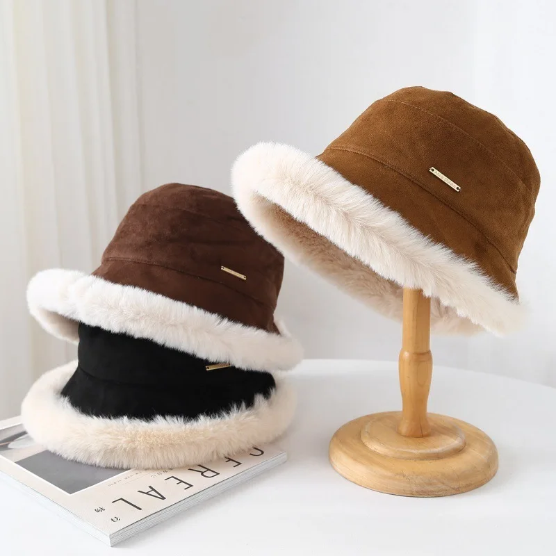 

Зимние шапки для женщин, шляпа-ведро из искусственного меха, толстая теплая бархатная панама, новинка 2023 года, кепка