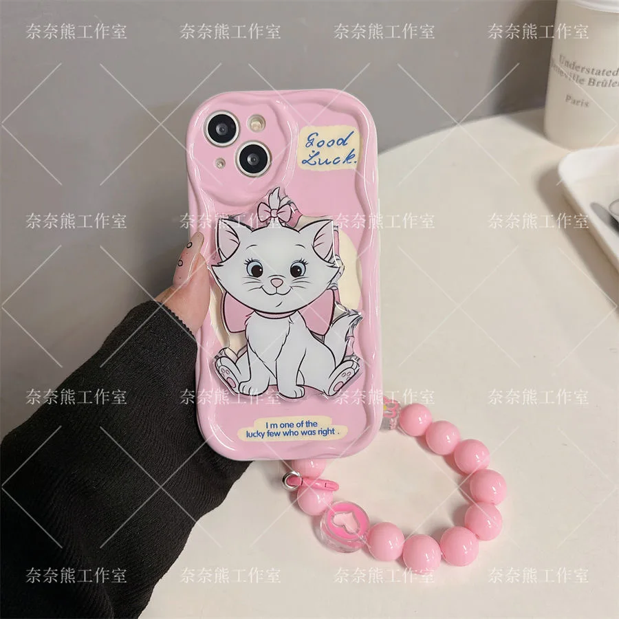 Marie Cat 3D Wave Bracket Bracelet Case For iPhone 16 15 14 13 12 11 Pro Max Mini X XR XSMAX 8 7 6S Plus Soft Silicone Cover