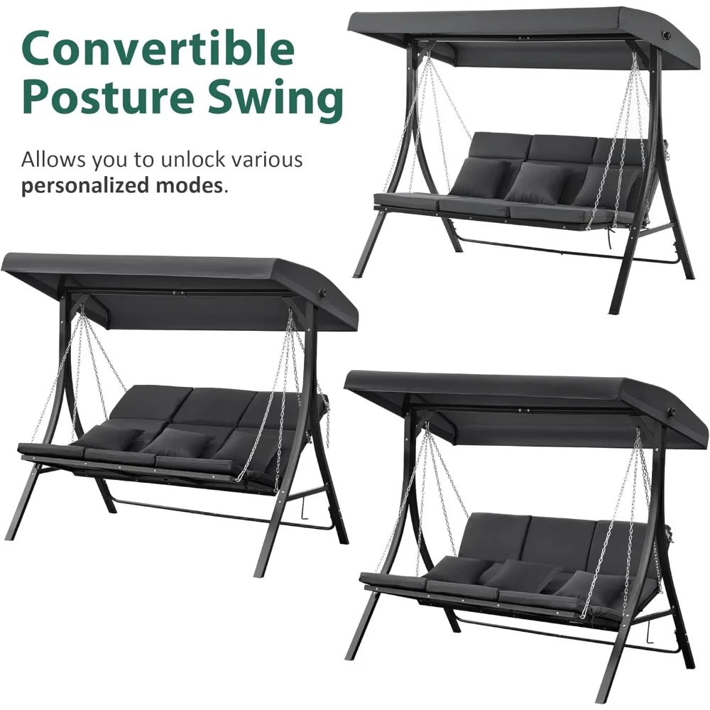 

3-Seat Convertible Porch Swing, for Various Postures, Reclining Outdoor Swing Chair, with Chain Armrest, Patio Glider Chair