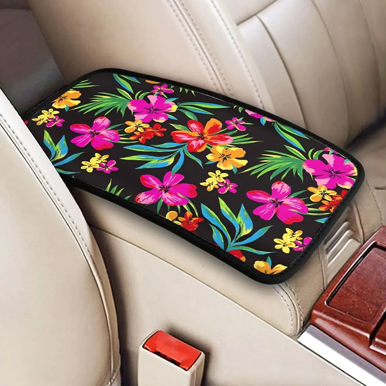 Vehicle Center Console Armrest Cover Pad, Hawaiian Colorful Flower Print Soft Comfort Car Handrail Box Cushion Universal Fit for