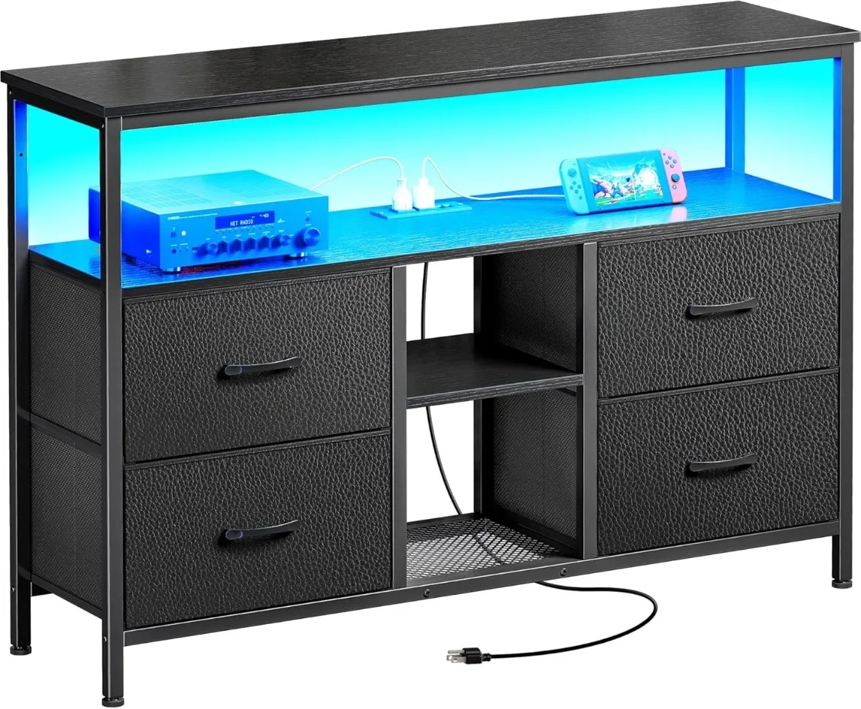 TV Stand Dresser with Power Outlets and LED Lights,Media Console for 50 43 Inch TV, Dresser with PU Finish, Black