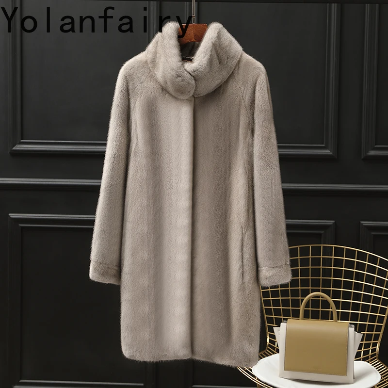 YOLANFAIRY Wysokiej Jakości Kurtki z Naturalnego Futra Norki dla Kobiet Zimowe Średniej Długości Dopasowane Naturalne Futro Płaszcz Damski Kurtka z Norki Kołnierz typu Bread Collar