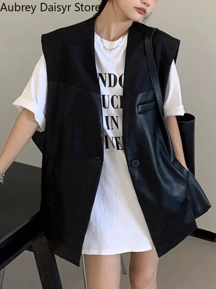 

Black Sleeveless Leather Jacket Women Summer Korean Streetwear Patchwork Leather Vests Punk Loose High Street Pu Leather Jacket