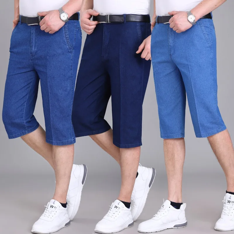 

New Arrival Summer Thin Denim Middle-aged Men High Waisted Seven Quarter Shorts Elastic Straight Leg Casual Plus Size 29-40 42