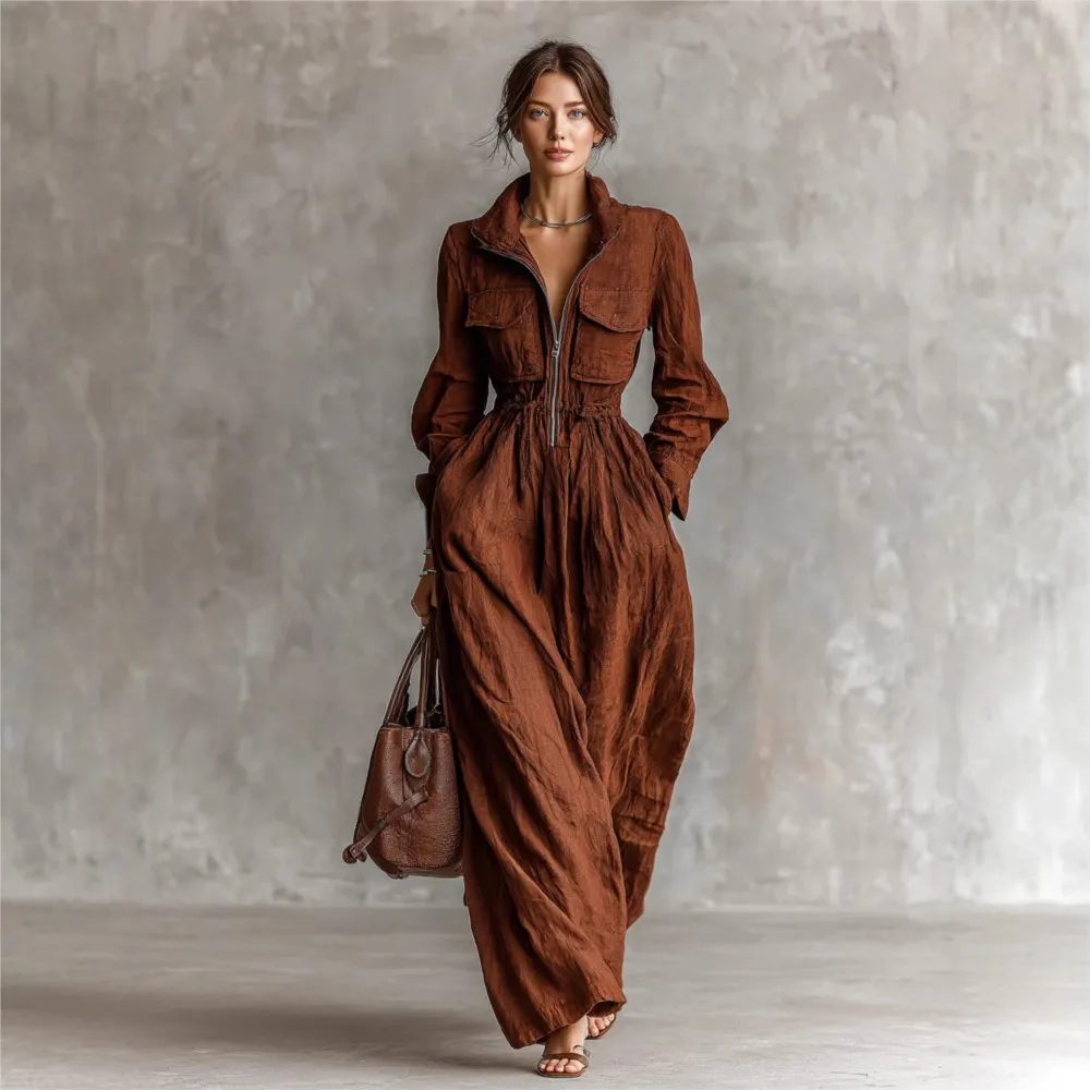 

Zipper Lapel Elastic Waist Dress Spring New Women's Holiday Style Solid Color Long-sleeved Long A-line Women's Casual Dresses