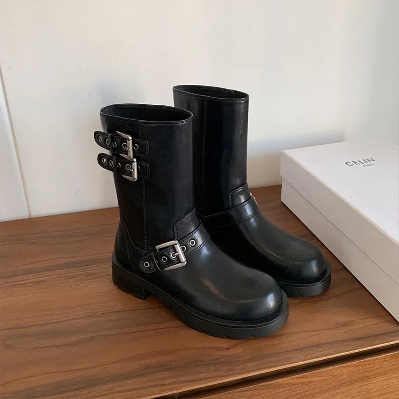 

New Women's Boots Fashion Motorcycle Riding Boots High Quality Leather Shoes for Women Retro Western Cowboy Boots Platform Boot