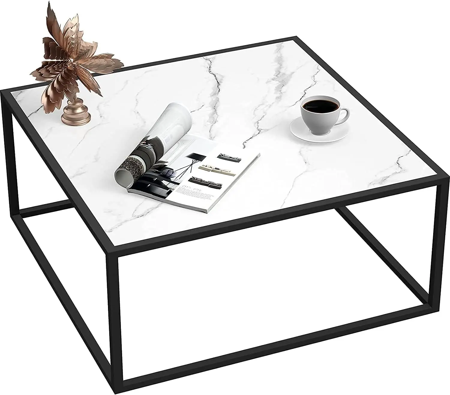 

Small Square Coffee Table, Modern White Faux Marble Top, 27.6' x 27.6', Easy Assembly for Living Room or Office