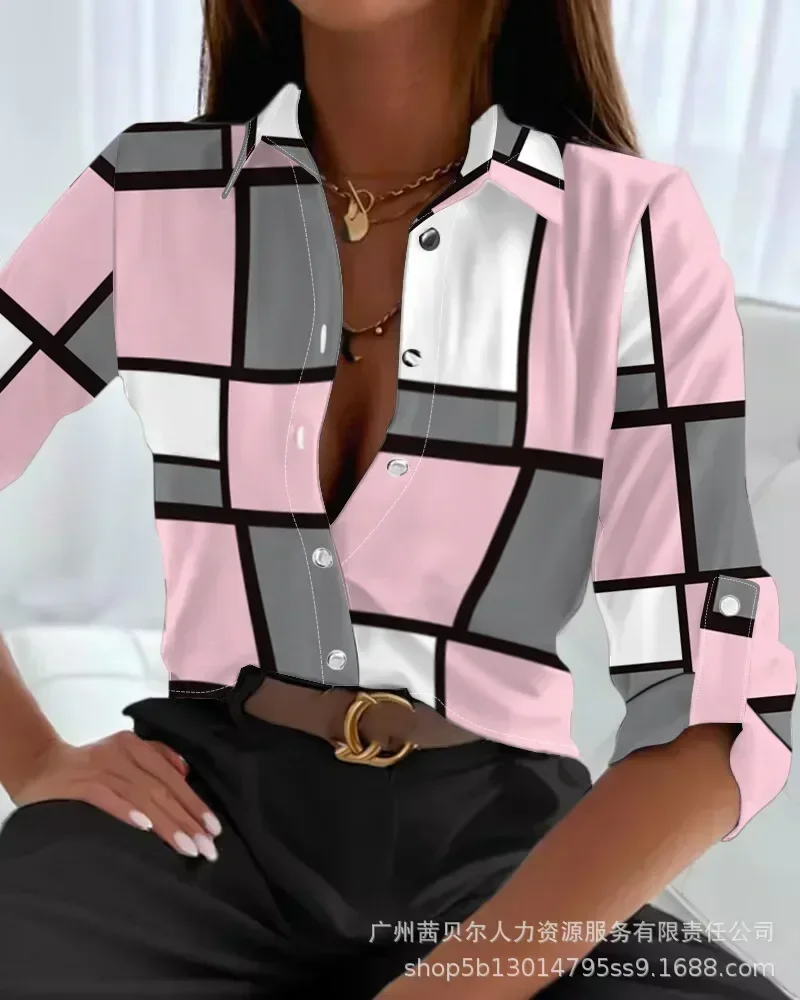 Turn Down Collar Shirt for Women, Print Plaid, Full Sleeve, Single Breasted, Regular Splice, Casual Loose Shirts for Ladies, Aut