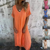 Women Solid Cotton Linen Loose V-neck Dresses Fashion Summer Elegant Commuter Dress Female Casual Short Sleeve Dresses For Women