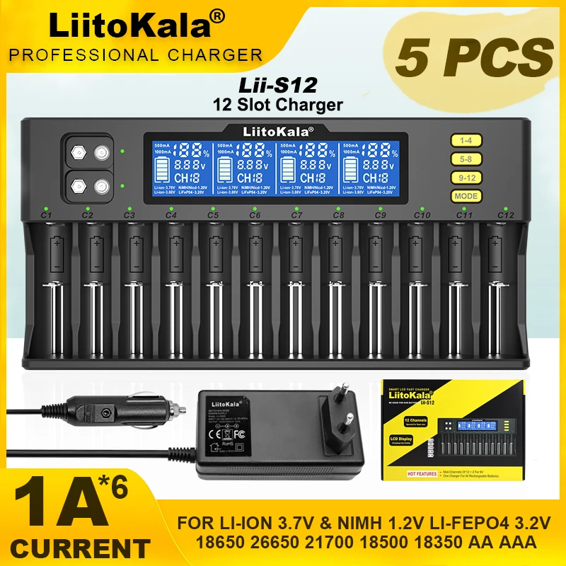 5PCS/LOT LiitoKala Lii-S12 21700 9V LCD Display For 1.2V 3.8V 3.2V 3.7V IMR NiMH/Cd 18650 26650 26700 AA AAA Battery Charger