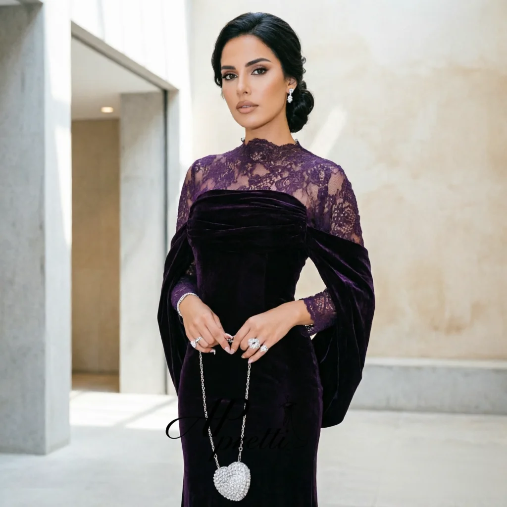 AP pretti Elegant High Neck Cape Sleeve Dark Purple  Formal Evening Gown Customized Velvet Panels Lace Party Gown Prom Gown