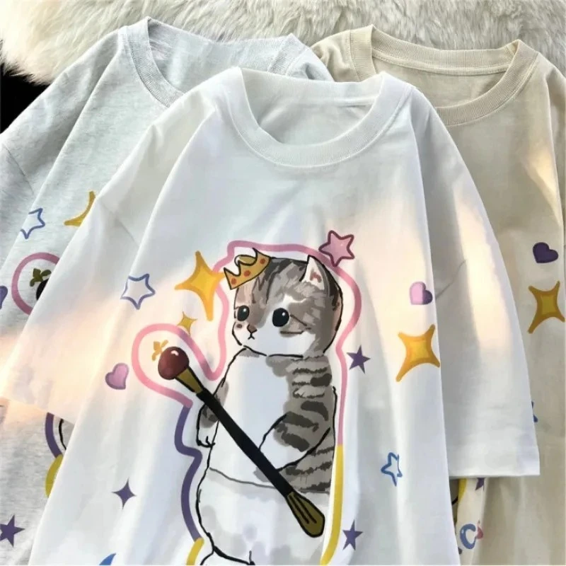 Camiseta con estampado de gato divertido, camiseta Harajuku, ropa informal Neutral, camisetas femeninas Kanji japonesas, camisetas bonitas, pantalón corto informal, camiseta de manga