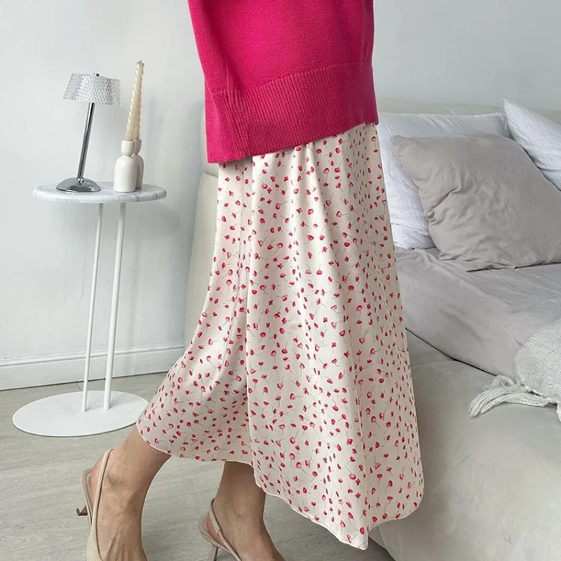 Summer Women Satin French Fragmented Flower Print Elegant Skirts Temperament Commuting Women's Fashion High Waist A-line Skirt