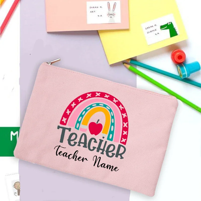 Custom Name Back To School Gifts Rainbow Teacher Print Pencil Case Stationery Supplies Storage Bags Travel Wash Pouch Makeup Bag