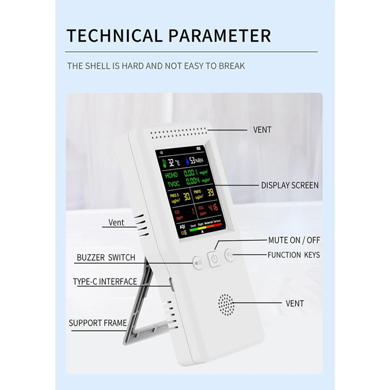 9 In 1 Air Quality Monitor LCD Display High Precision PM2.5 PM10 HCHO TVOC CO CO2 AQI Temperature Humidity Meter