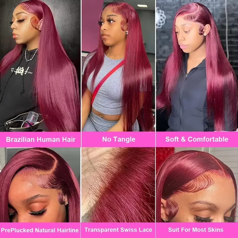 220 Density 40 46 Inches 13x4 Lace Frontal Wig 99J Burgundy Pre plucked Red Colored Bone Straight Wig 13x6 HD Transparent Lace Front Human Hair Wigs 13x4 Lace Frontal Wig 99J Burgundy Preplucked Red Colored Bone Straight Wig view 6