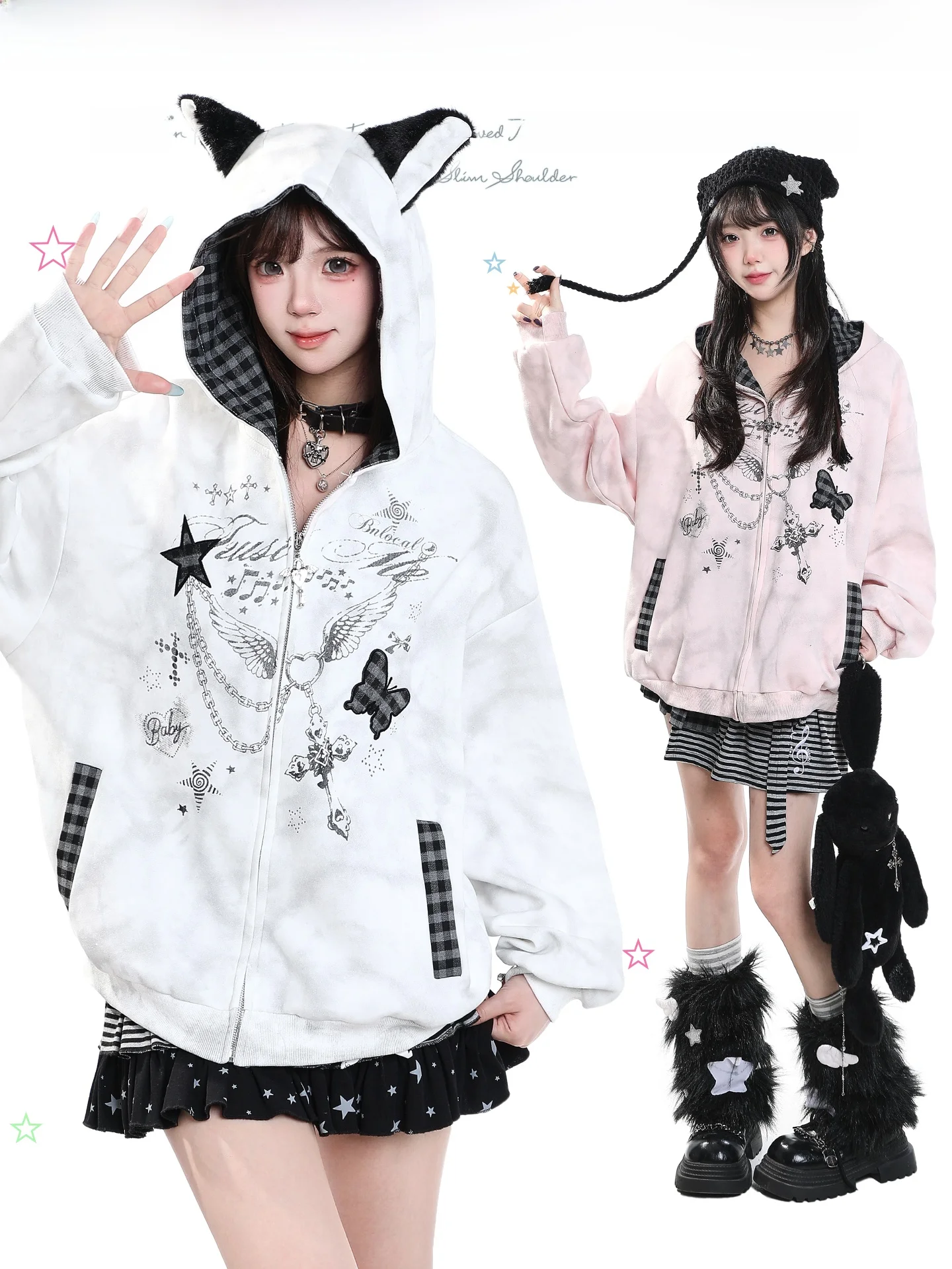Sweet Cool Y2K Cartoon Printed  Ear Hoodie Women's Loose Casual Design Outerwear Autumn Lazy Style Long Sleeve Zipper