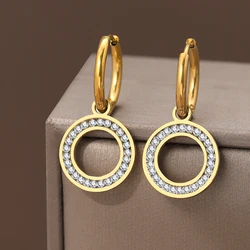 Stainless Steel Earrings Crystal Zircon Hollow Round Korean Fashion Dangle Earrings For Women Jewelry Weddings Engagement Gifts