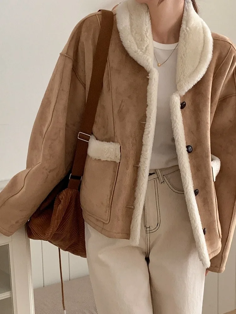 Koreanische Sle Winter Vintage Weiche Doppelseitige Tragen Wildleder Lamm Pelz Integrierte Kragen ort Jaet frauen Faion Oberbekleidung