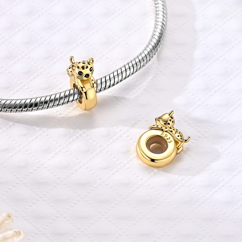 

Original 925 Sterling Silver Charms Bead Zircon Golden Little Leopard Rubber Stopper Clips Dangle Women Lover DIY Jewelry Gifts