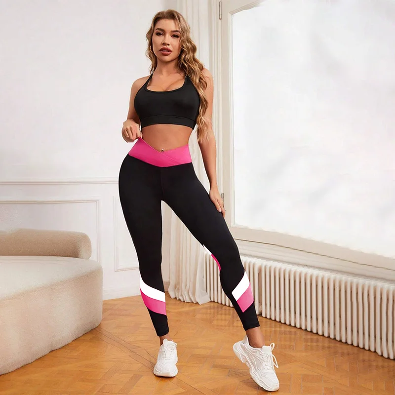 Colorblocked Crossover High Waist Yoga Pants Leggings for Women Tummy Control Workout Leggings for Women