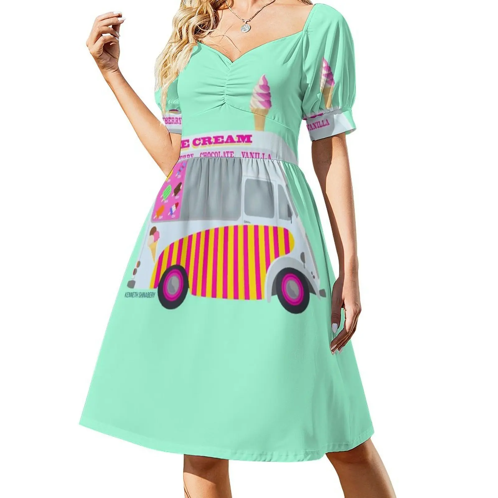 فستان قصير على طراز Preppy لشاحنة الآيس كريم للنساء على شكل حرف a فضفاض مناسب فستان يوم غير رسمي شاحنة الآيس كريم المصاصة للسيدات #2